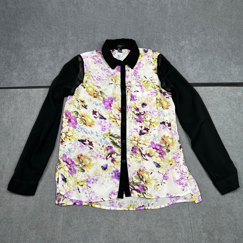 Forever 21 Floral Button Down Blouse Black Sheer Long Sleeve Purple Yellow Y2k